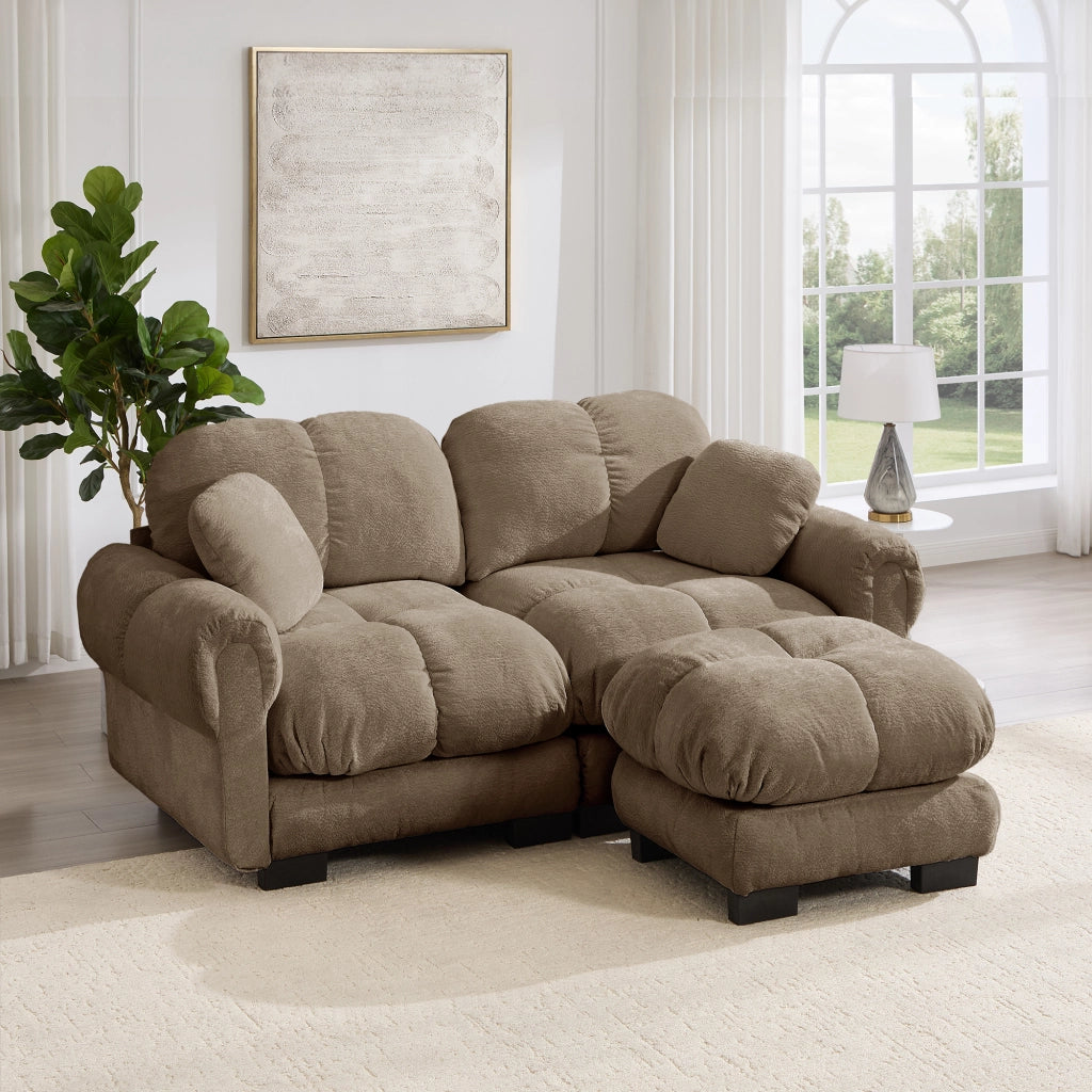 Divano angolare modulare 2 posti 190x149 cm con pouf mobile; cuscini trapuntati; ciniglia marrone