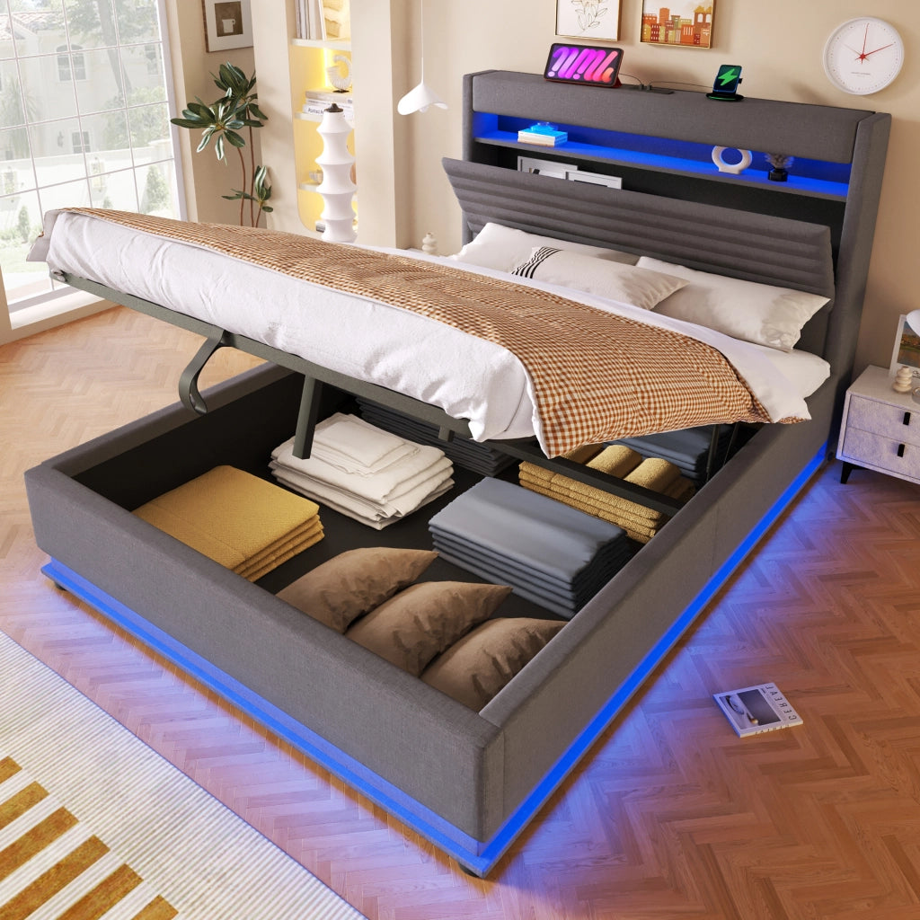 Letto matrimoniale 140×200 cm 2 posti con contenitore idraulico; LED regolabile; USB e Type-C; senza materasso; grigio