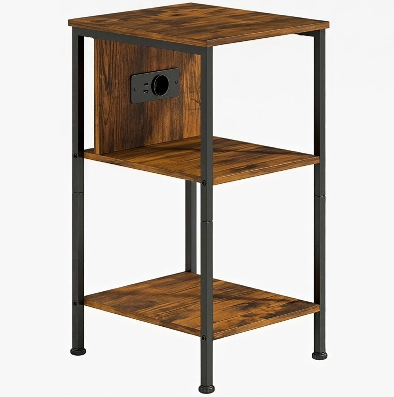 Tavolino laterale con presa e ricarica USB/USB-C; 34x30x58 cm; 2 ripiani; marrone rustico HOMVRA