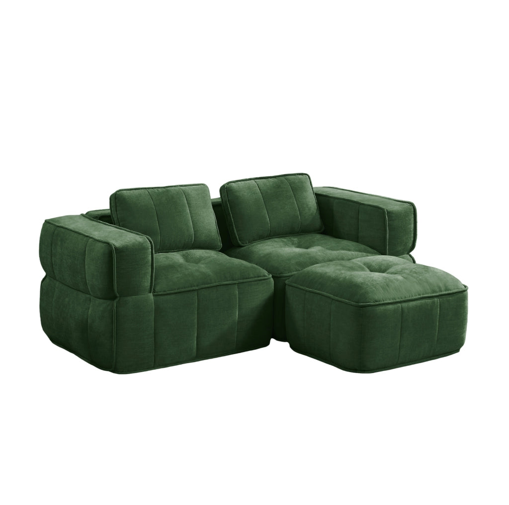 Divano modulare angolare a 2 posti con pouf, schiuma alta densità 32D, tessuto in poliestere verde, senza struttura