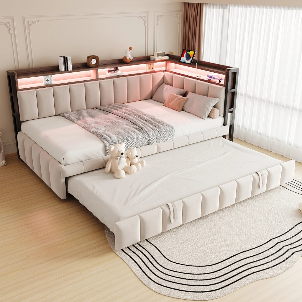 Divano letto estraibile 90x200 cm con LED, USB e USB-C in velluto beige