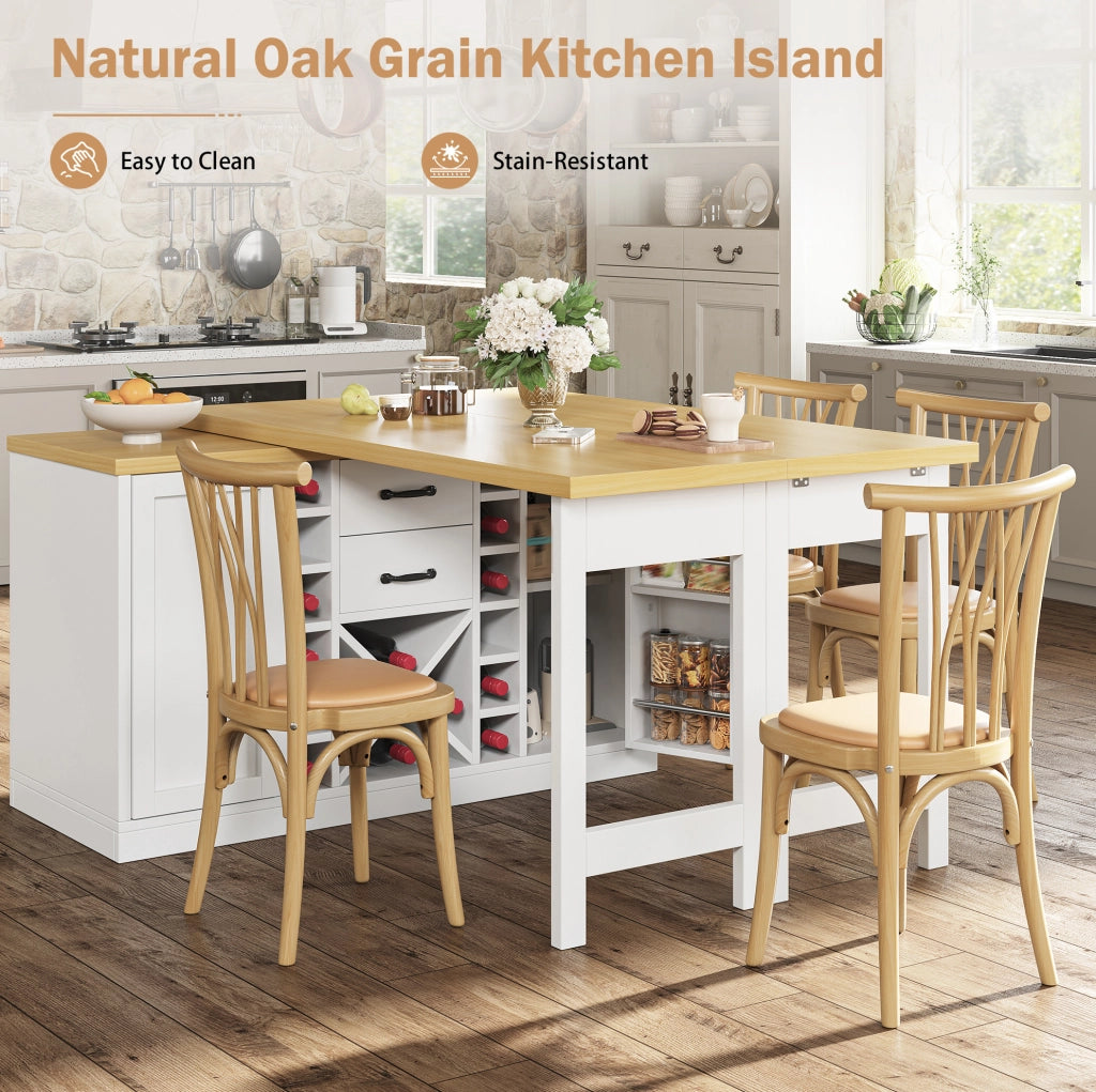 Isola cucina girevole 360° con tavolo 120-223x40x73;8 cm; MDF bianco e metallo