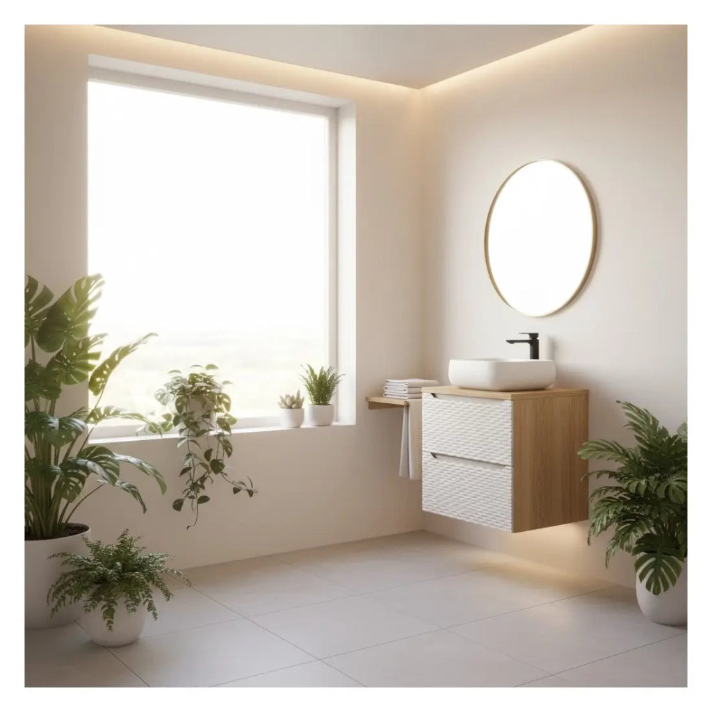 Set da bagno YOKA beige: mobile sottolavabo con cassetti 60 cm + piano per lavabo + lavabo