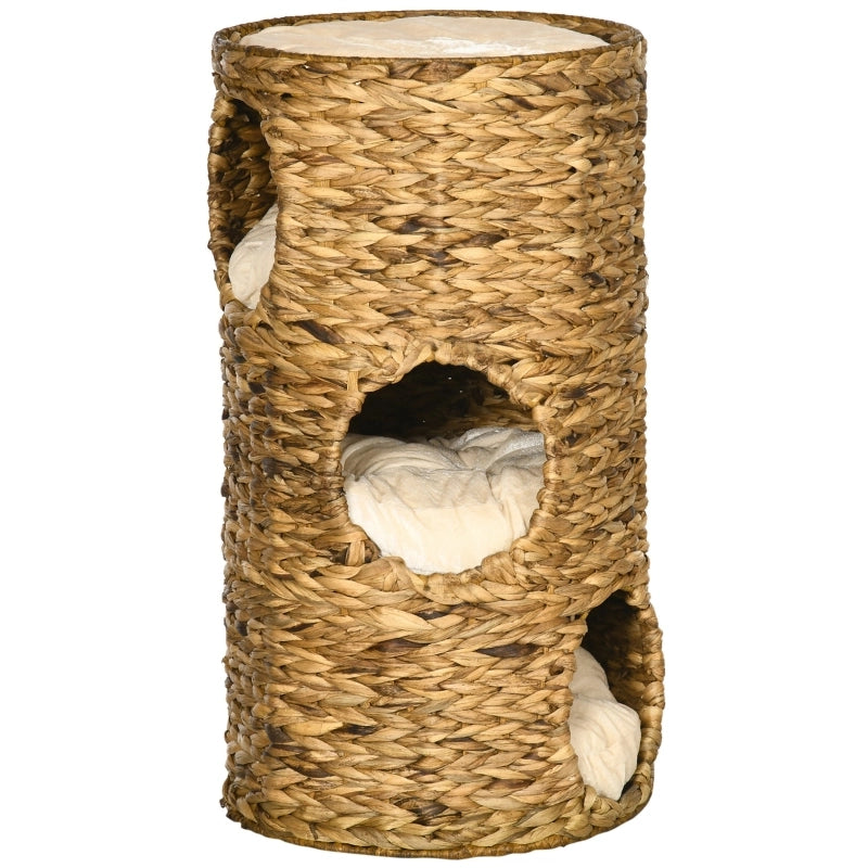 Torre per gatti con 3 tane; cuscini rimovibili e piattaforma superiore in giacinto d'acqua marrone Ø 40 × 73 cm