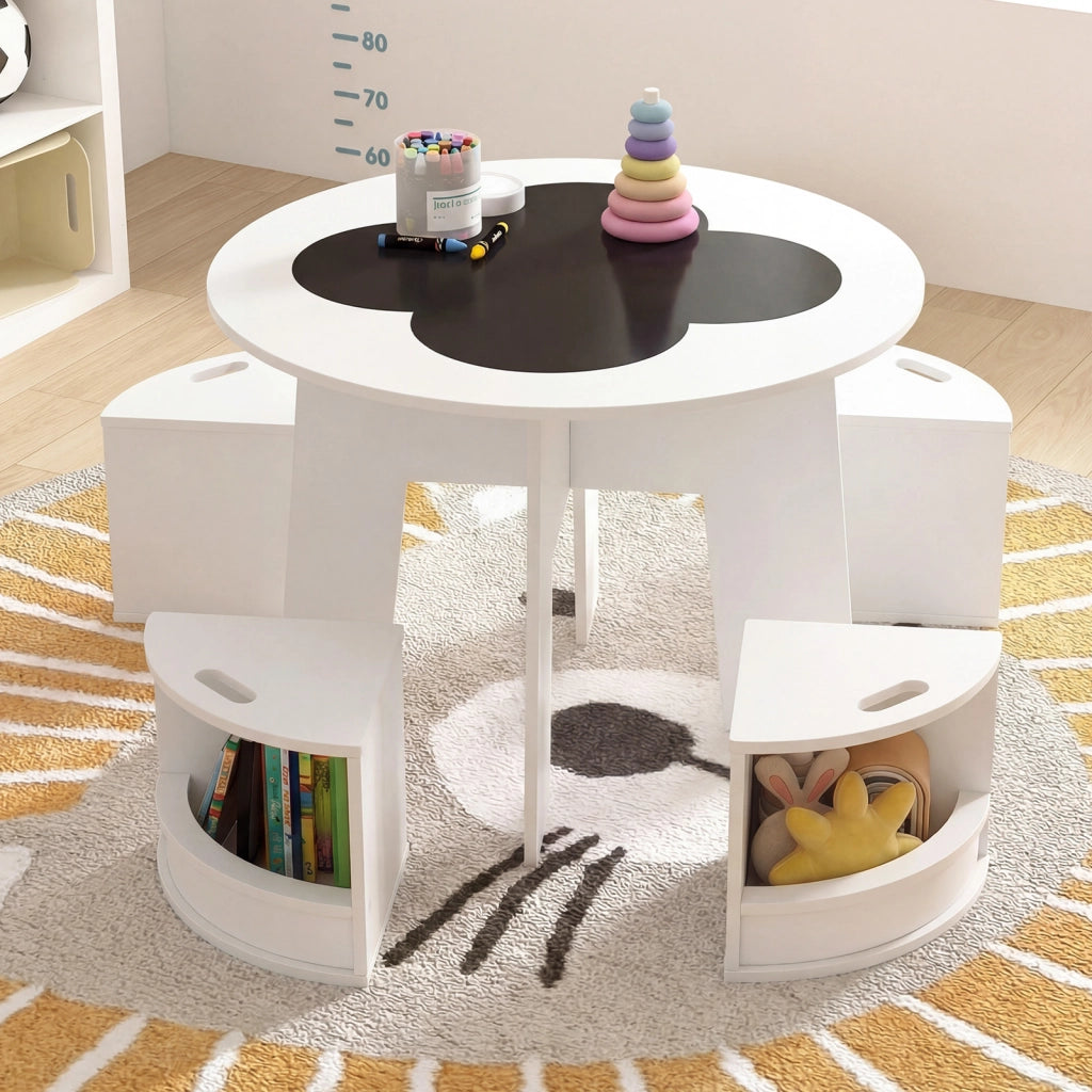 Set tavolo e sedie per bambini 5 pezzi con ripiano di stoccaggio, Tavolo rotondo per gioco e attivit¨¤ Bianco