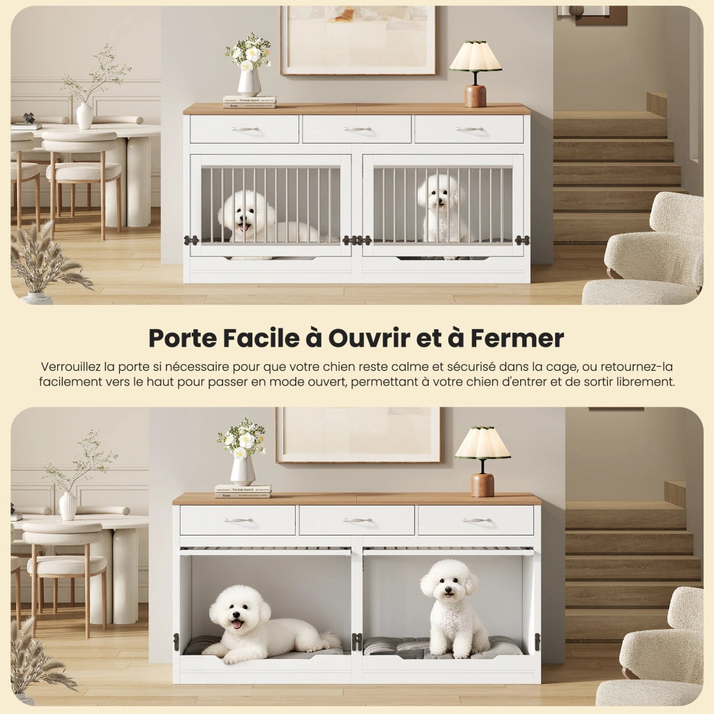 Gabbia per cani con divisorio removibile e porta superiore a ribalta in MDF e metallo bianco naturale 164 × 60 × 81 cm