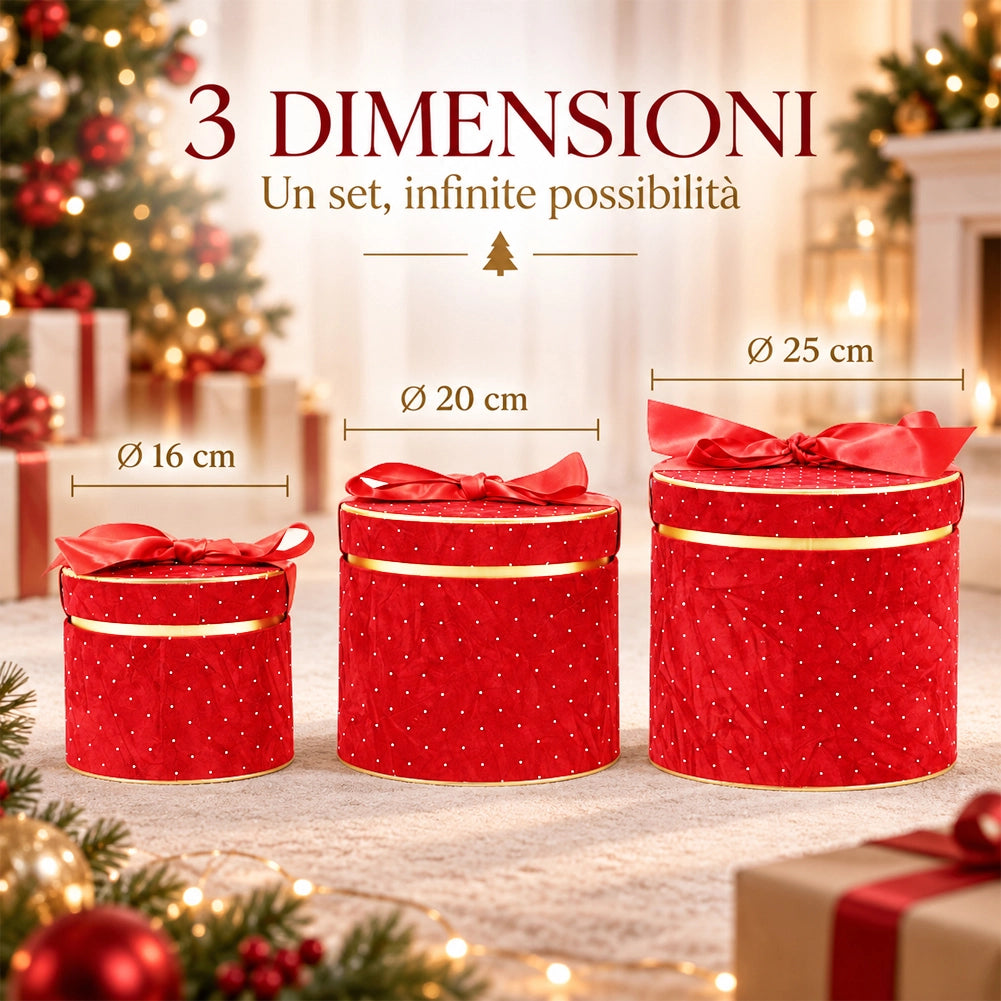 Set 3 Scatole Tonde Decorazione Natalizia Rosso 16/20/25cm Scatola con Fiocco