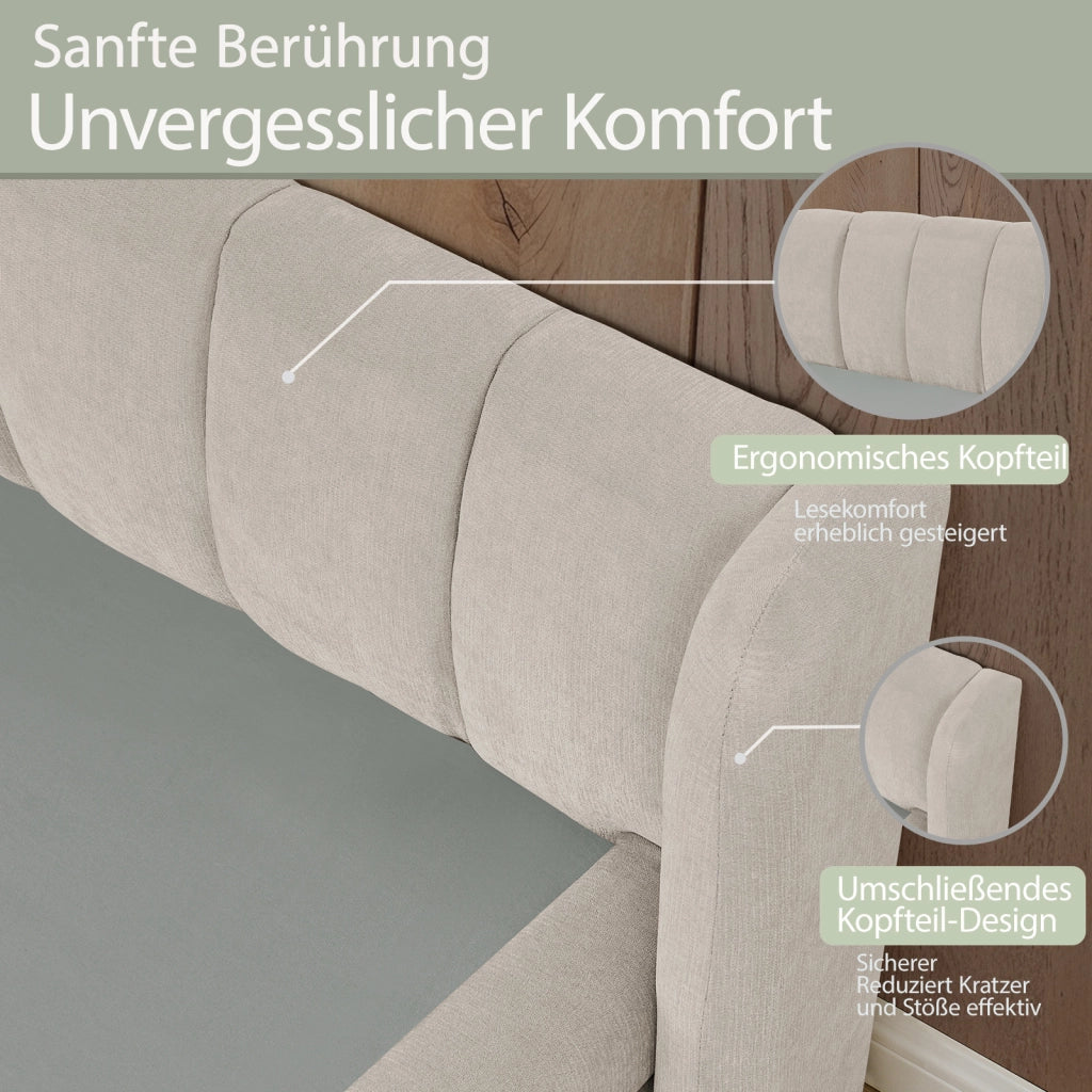 Letto 90 × 200 cm con testiera imbottita in ciniglia beige struttura rinforzata portata massima 200 kg senza materasso