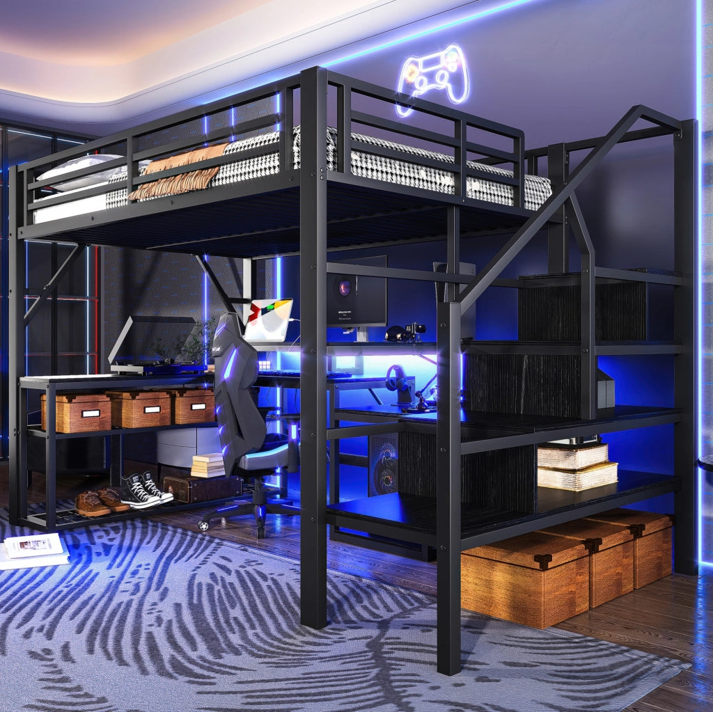Letto soppalco 140x200 nero con scrivania LED e USB, senza materasso
