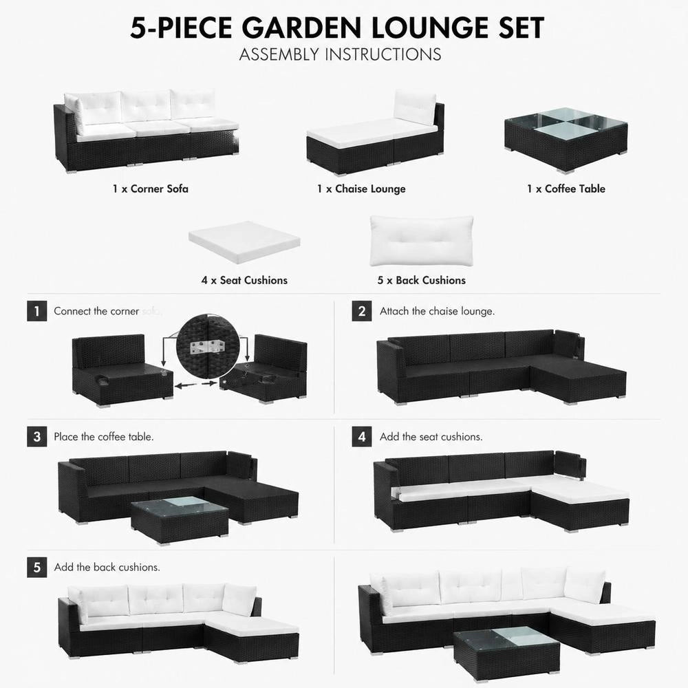 5-piece Garden Lounge Set With Cushions, Poly Rattan, Black