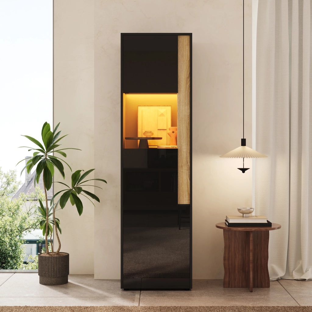 Vetrina alta con LED regolabile 2 ante pannello truciolare nero naturale per soggiorno ufficio cucina 50 × 40 × 179 cm