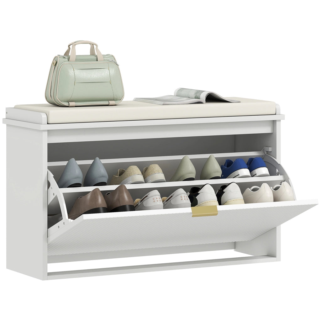 EasyComfort Panca Scarpiera con Ripiano Interno, in Legno e Tessuto Effetto Lino, 80x26x47.5 cm, Bianca e Beige