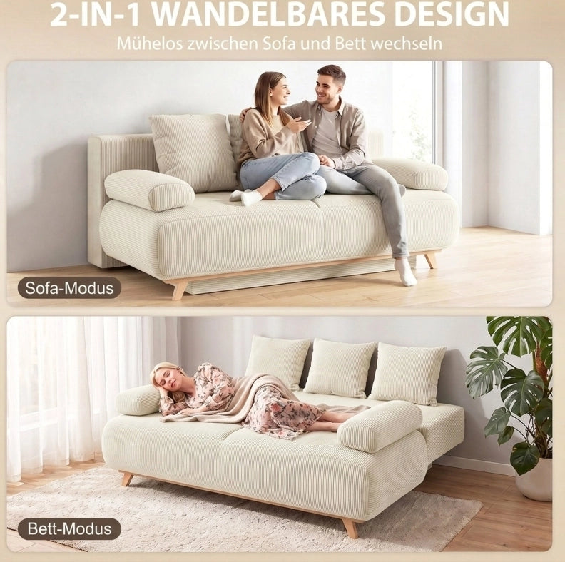 DIVANO LETTO 3 Posti con Contenitore 188x140 cm in Velluto a Coste Beige