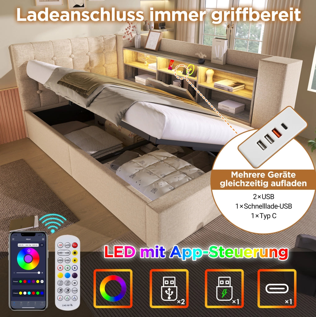 Letto Polsterato 140x200 cm con Illuminazione LED, Contenitore Idraulico e Testiera a L Montabile a Destra o Sinistra, Tessuto in Lino Beige (Senza Materasso)