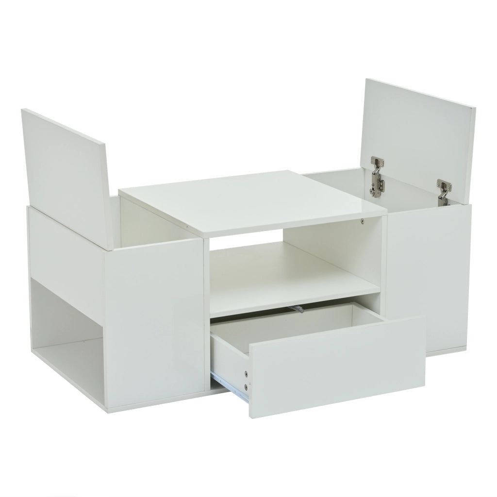 Tavolino da salotto LED con 1 cassetto, 2 ante e 6 vani, finitura bianca lucida per soggiorno, 100 × 50 × 40 cm