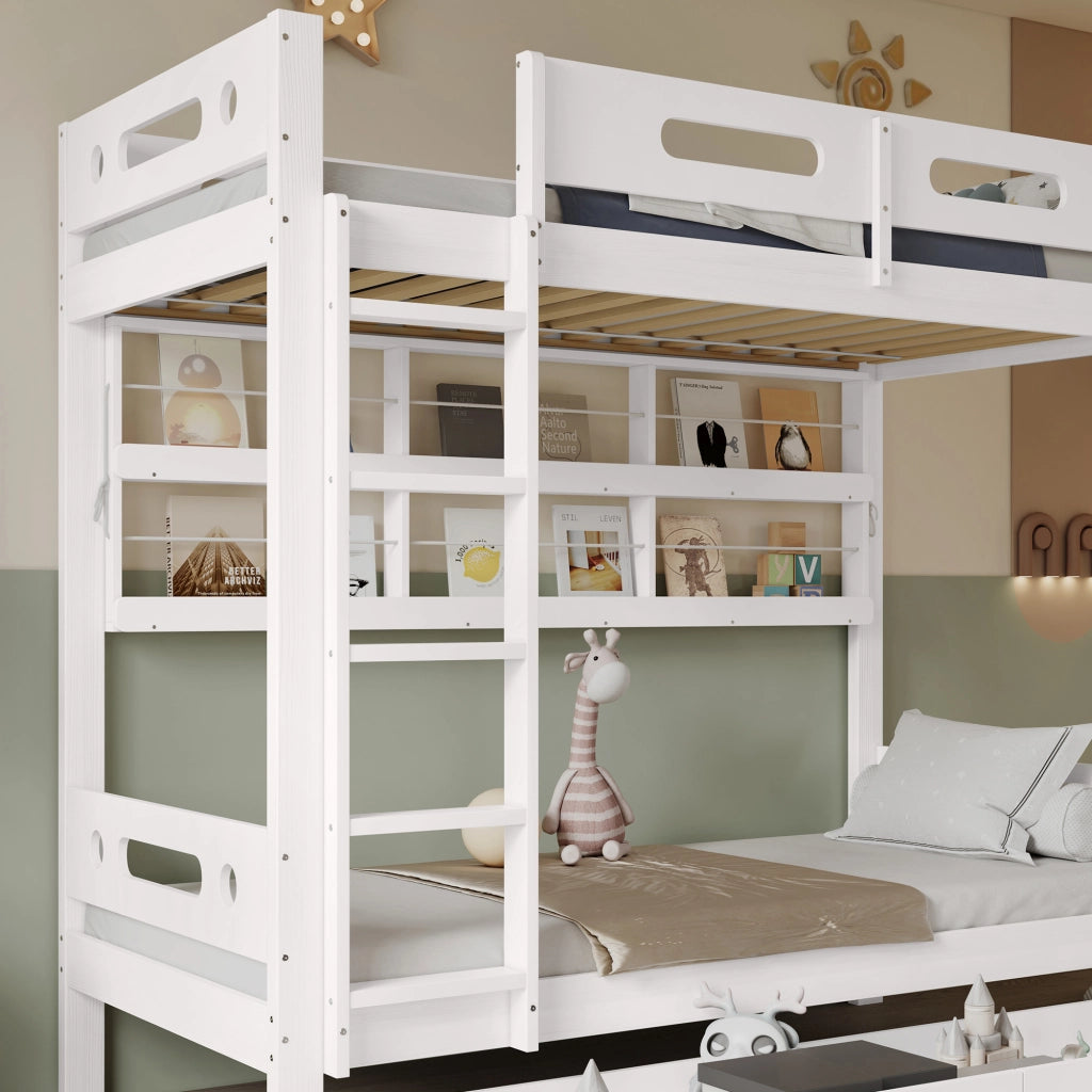 Desviae Letto a castello per bambini 90 × 200 cm con scala a 5 gradini cassetti su ruote ripiani struttura in legno e MDF