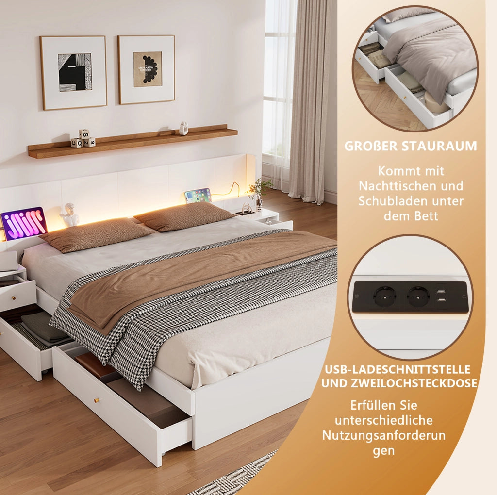 Letto matrimoniale 180x200 cm con LED, USB e cassetti