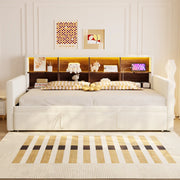 Letto singolo imbottito 90 × 190 cm estraibile in velluto beige con testiera LED prese e vani portaoggetti