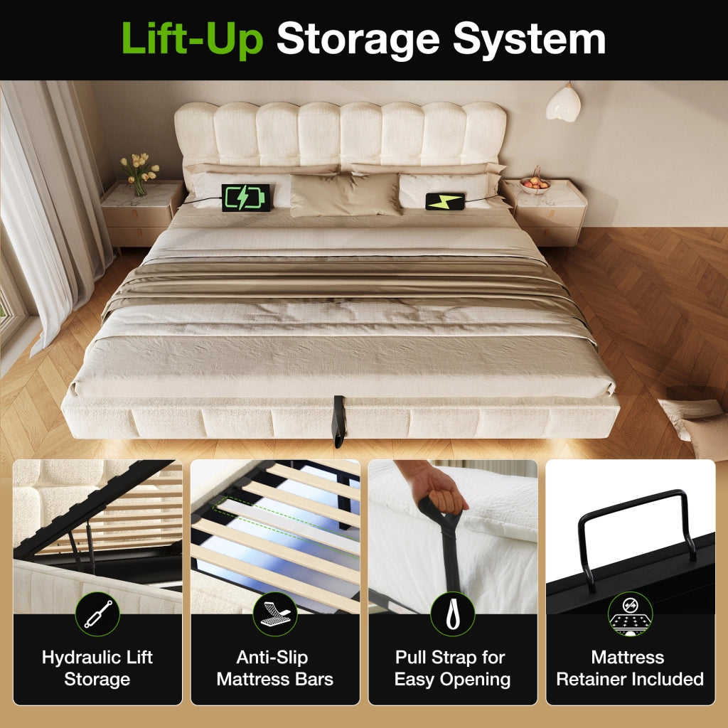 Letto contenitore 180 × 200 cm con LED e porte USB e Type-C rivestito in ciniglia beige con rete a doghe