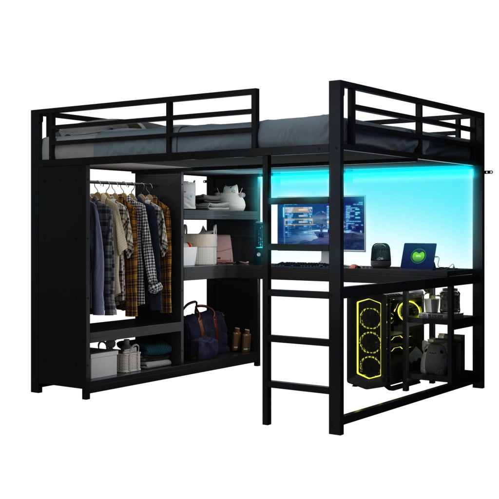 Letto a soppalco 160x200 in metallo nero con scrivania; LED regolabili e armadio aperto