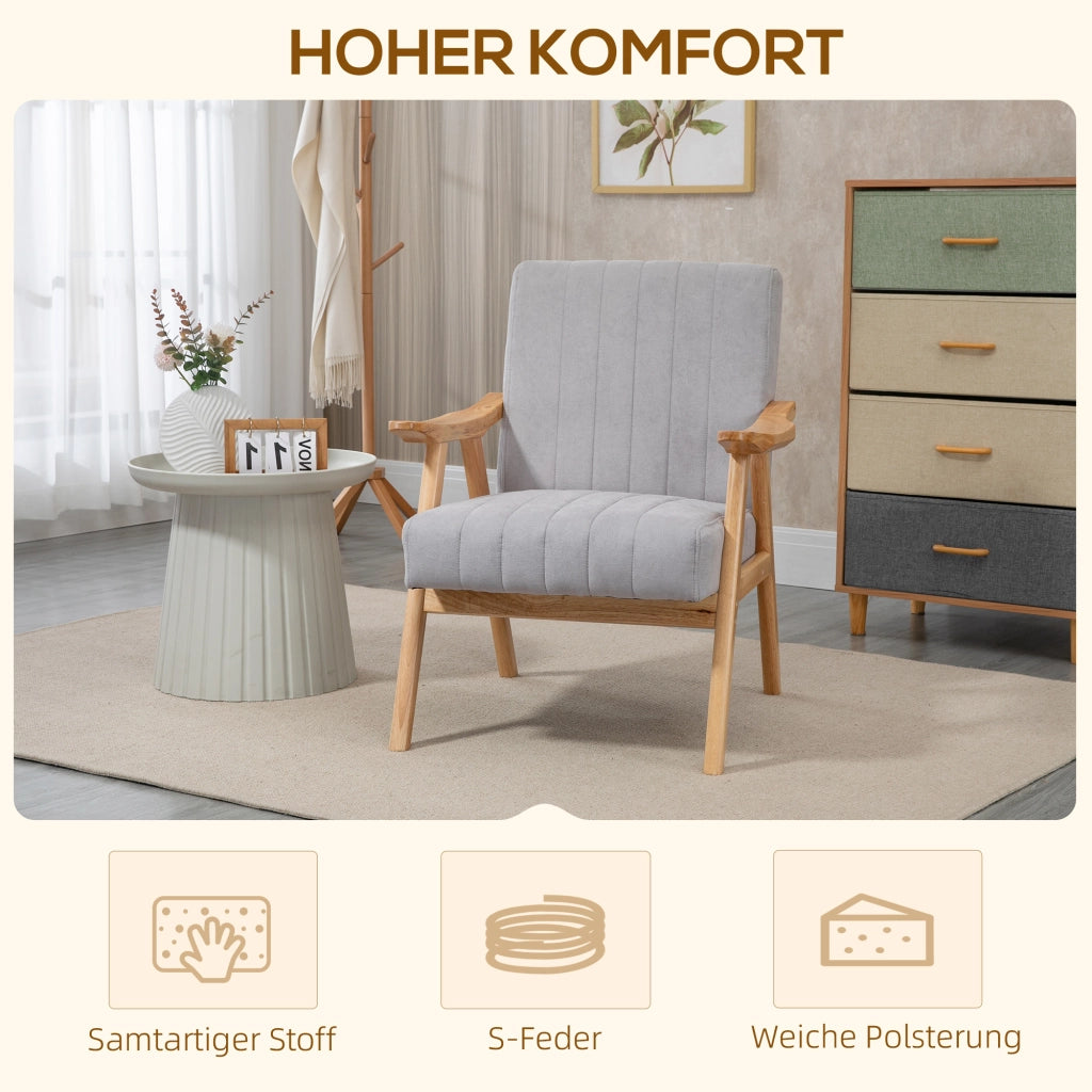 Poltrona da soggiorno imbottita con braccioli in poliestere grigio chiaro gambe in legno 82 × 68 × 74 cm