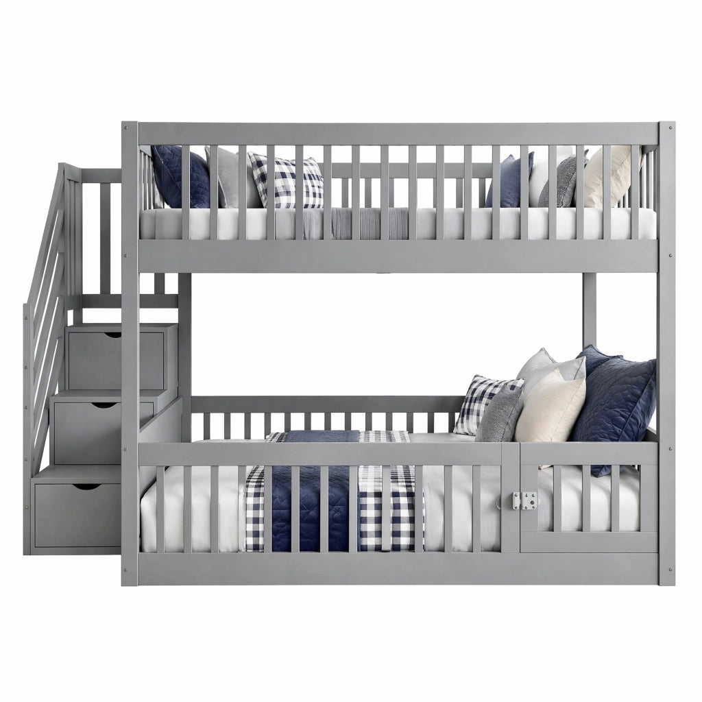 Letto a castello 140x200 cm grigio in legno con scala contenitore e porta apribile