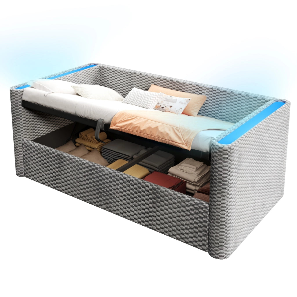 Letto singolo a divano 90 × 200 cm con vano contenitore idraulico in velluto grigio e luci LED