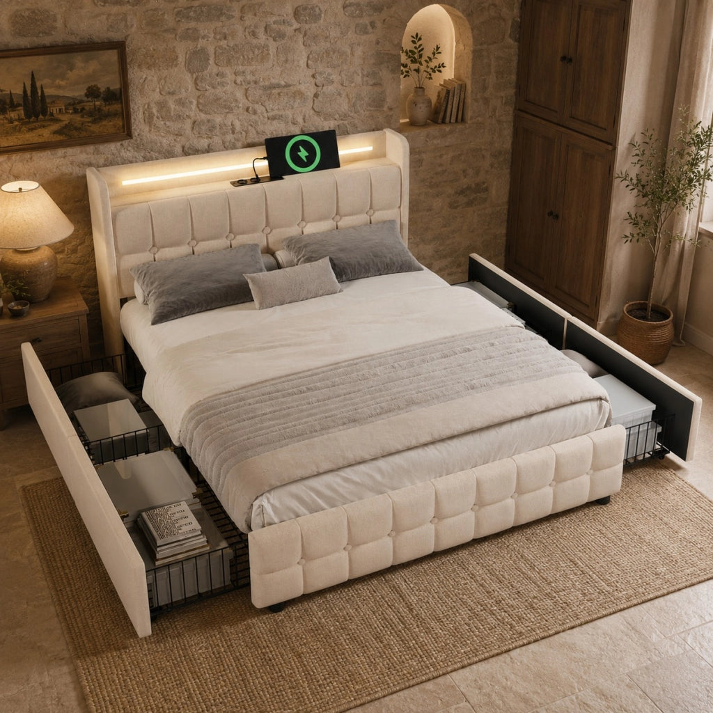 Letto con cassetti 180 × 200 cm con testiera rivestita in lino LED prese USB quattro cassetti beige rete a doghe