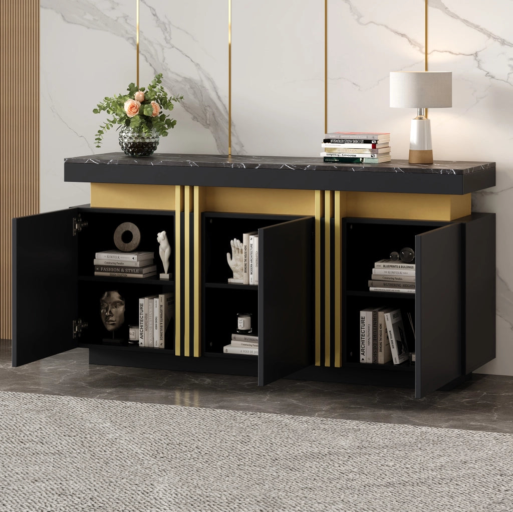 Sideboard Moderno Nero e Oro in Truciolato 140x38x70 cm con 3 Ante e Ripiani Regolabili