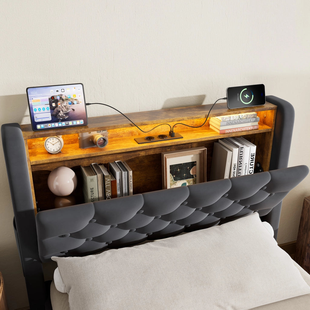Letto imbottito grigio 90x200 cm con contenitore idraulico, LED e porte USB-A e USB-C