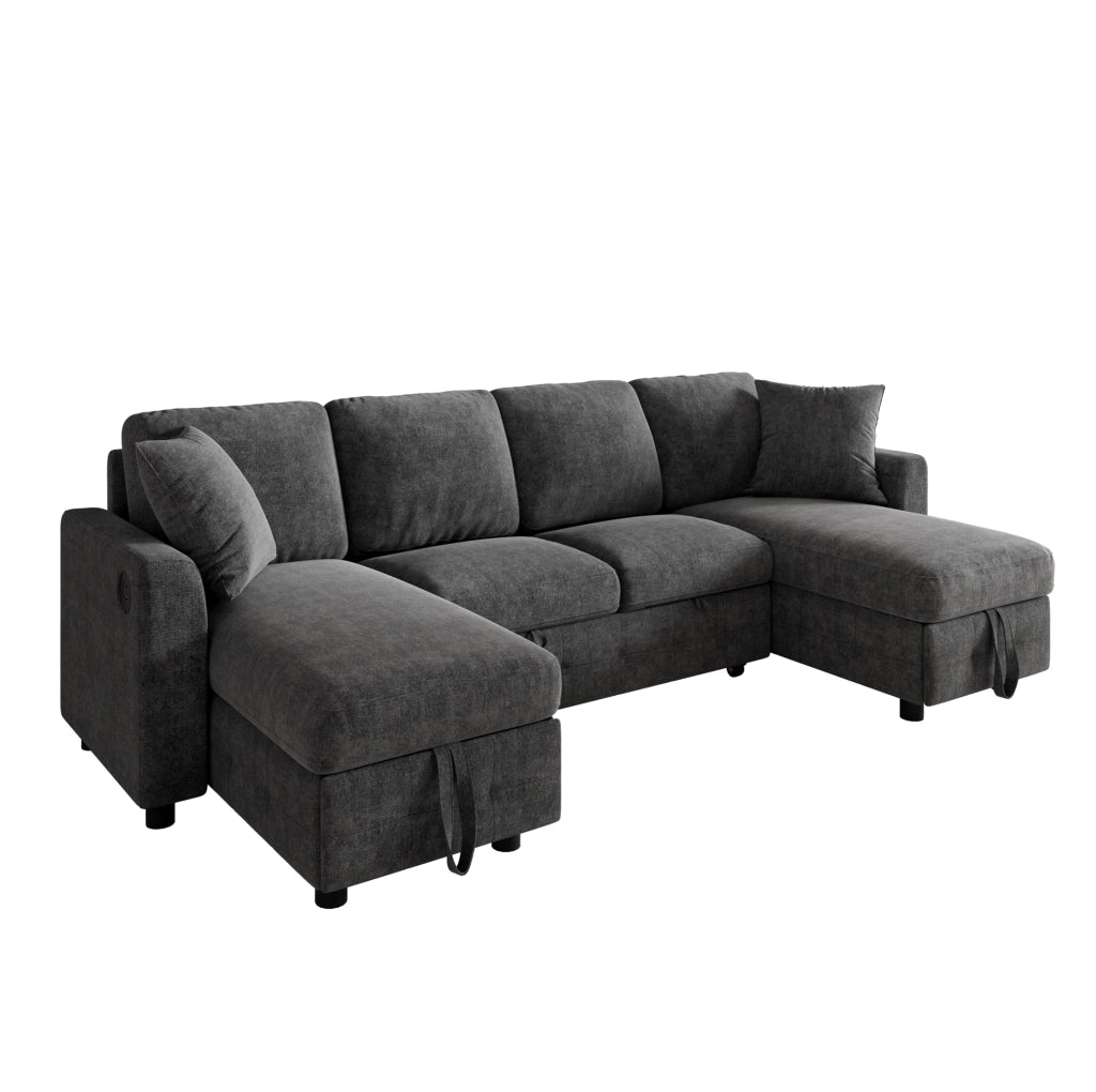 Divano letto a U estraibile 260x128 cm in ciniglia grigio scuro con USB e USB-C