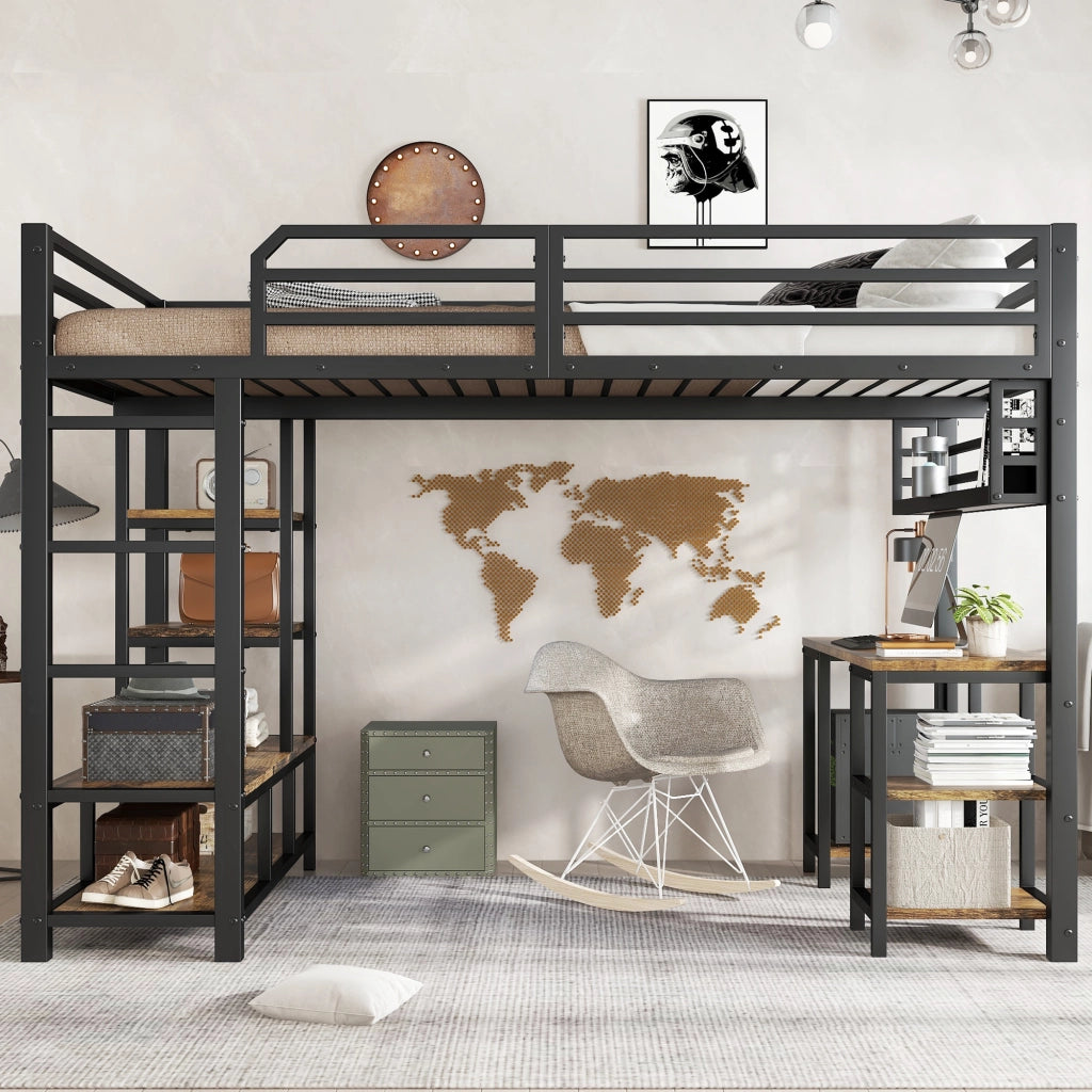 Letto a soppalco per bambini 120 × 200 cm con scrivania ripiano scala a 4 gradini metallo nero noce scuro
