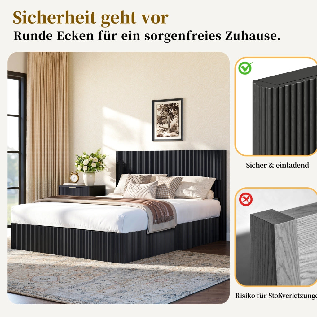 Letto con contenitore e sistema idraulico 160x200 cm, struttura in acciaio e doghe in legno massello, finitura nera lucida