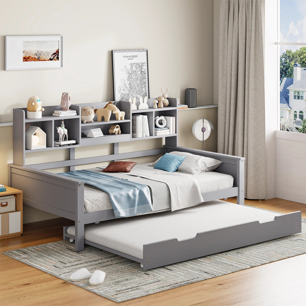 Letto con letto estraibile 90 × 200 cm con secondo letto 90 × 190 cm ripiani posteriori rete a doghe legno grigio