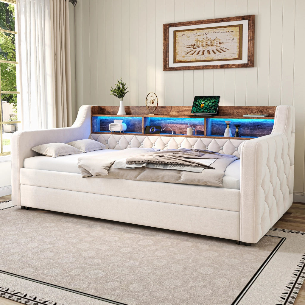 Divano letto 90 × 190 cm trasformabile in letto matrimoniale con ripiano LED USB-C in velluto beige
