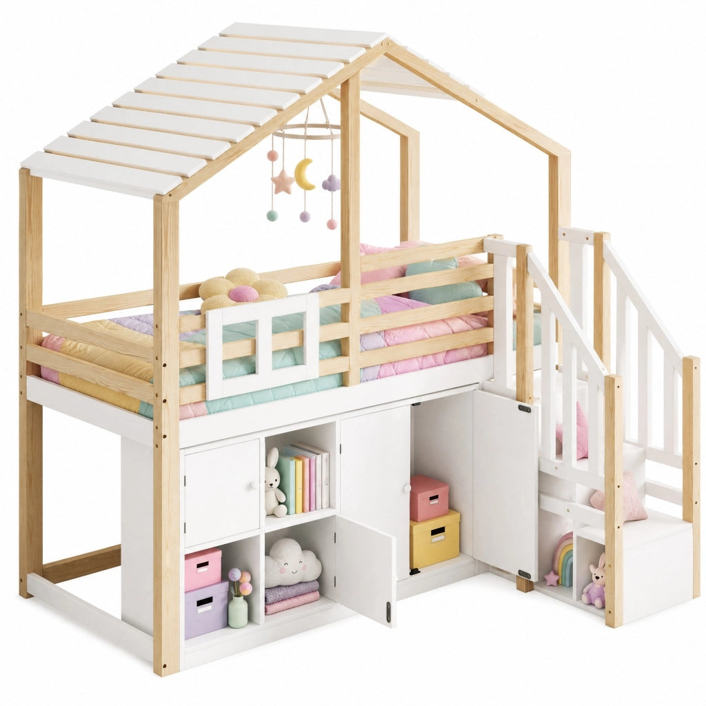 Letto a soppalco 90 × 200 cm a casetta con scala contenitore e vani portaoggetti in legno bianco e naturale