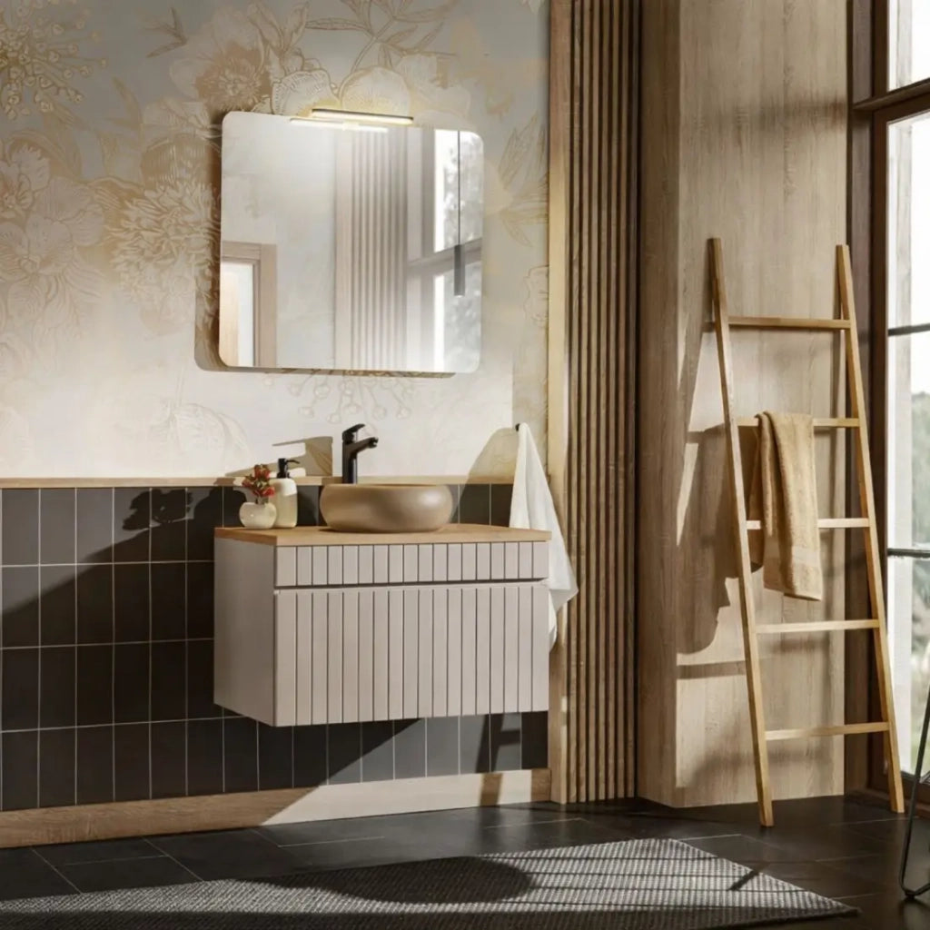 Set bagno ICON: mobile sottolavabo 80cm cachemire + piano per lavabo effetto legno