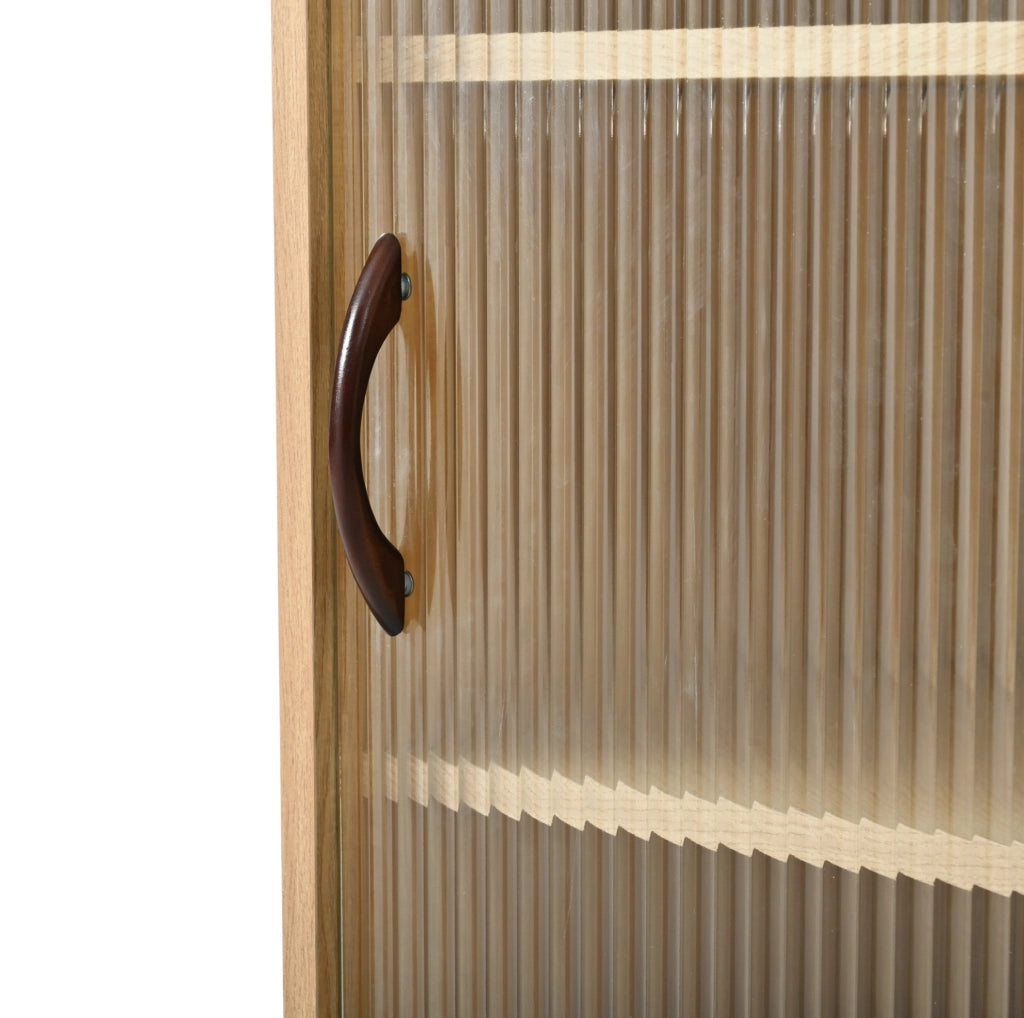 Mobile credenza portavino 120 cm con LED; ante scorrevoli in vetro e 3 cassetti; effetto legno naturale HOMVRA