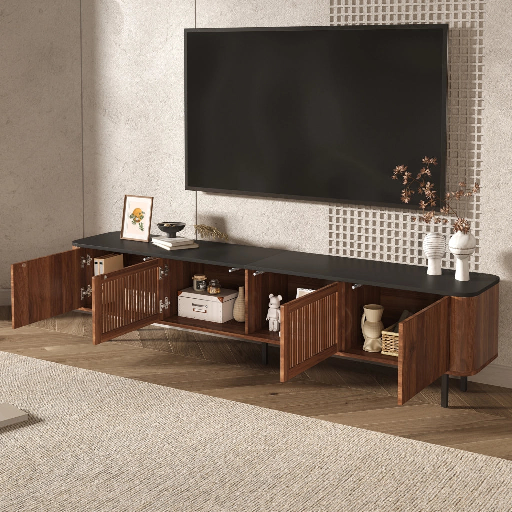 Mobile TV con ante a griglia e vani separati; gambe in ferro; MDF color noce 190 × 35 × 45 cm