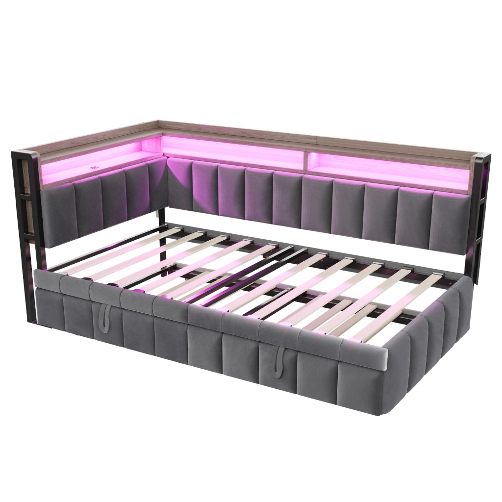 Letto Estraibile 90x200 cm con LED; USB e Type-C; Mensole e Velluto Grigio