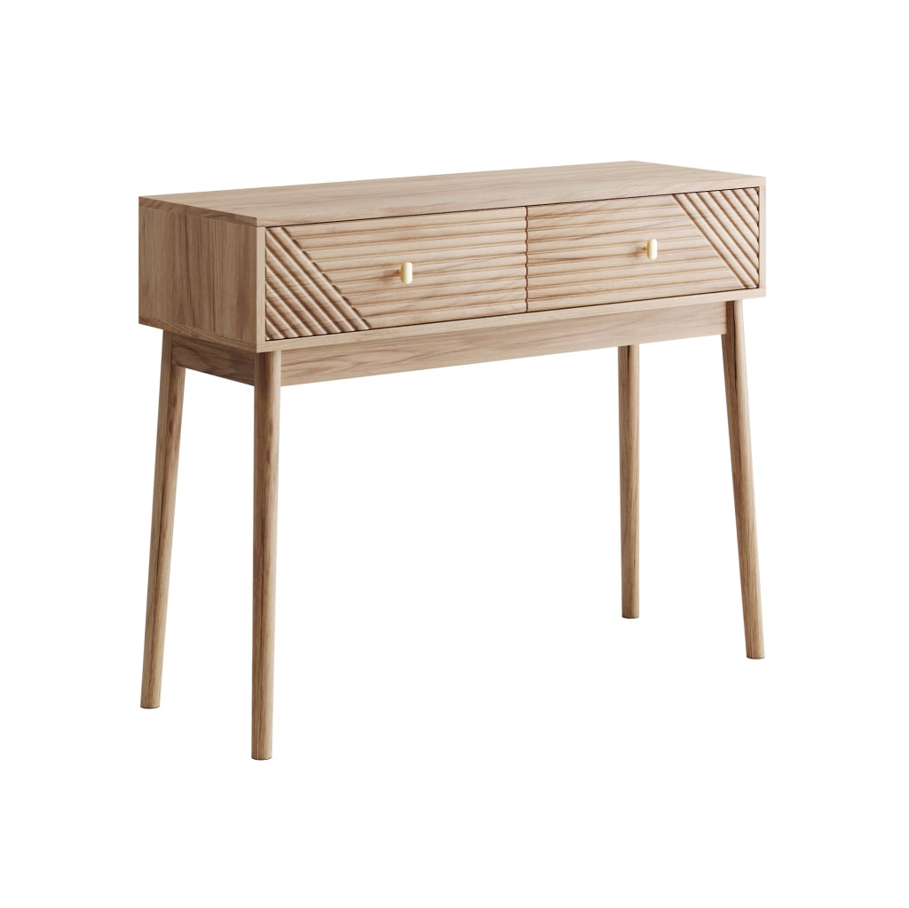 Tavolo consolle stile Mid-Century in colore rovere con due cassetti e ripiani aperti