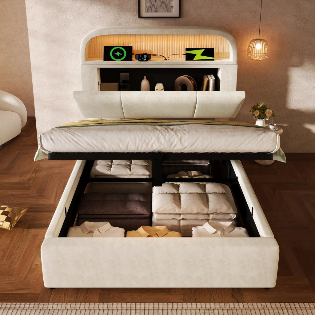 Letto singolo con contenitore 90 × 200 cm testiera regolabile LED USB e Type-C in velluto beige con rete