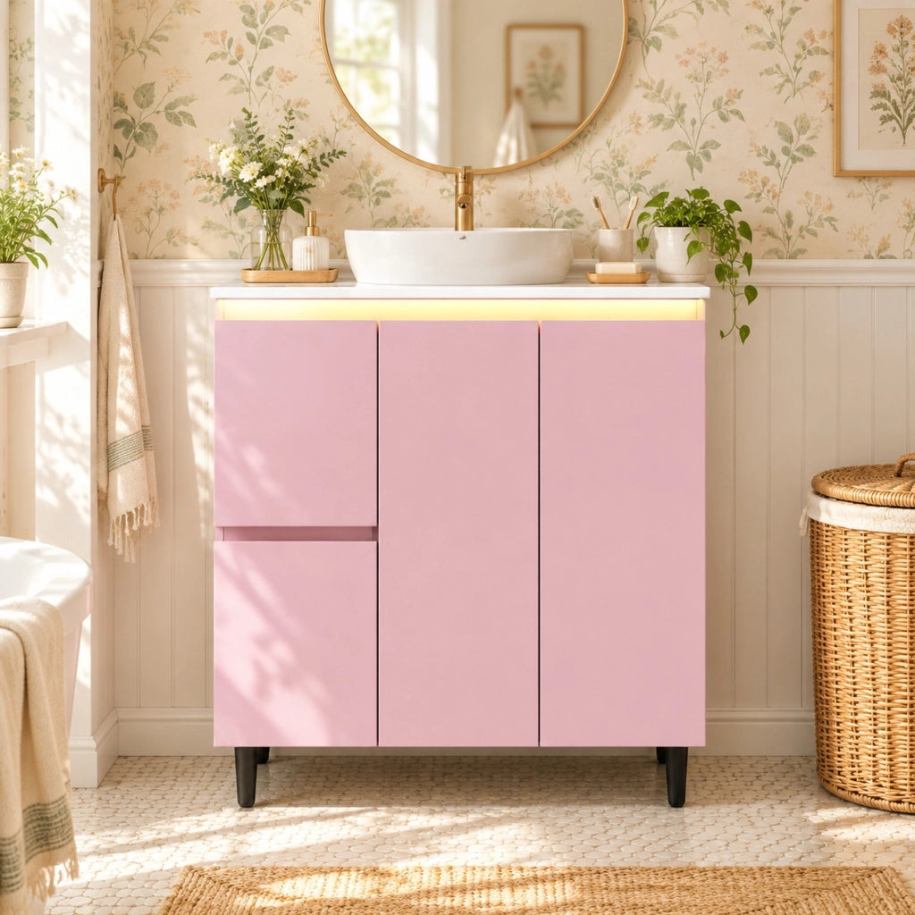 Mobile lavabo bagno 76x47x89 cm rosa MDF e ceramica, LED con sensore radar