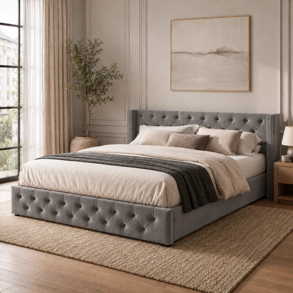 Letto matrimoniale contenitore 160 × 200 cm in velluto grigio con testiera Chesterfield e sollevamento idraulico