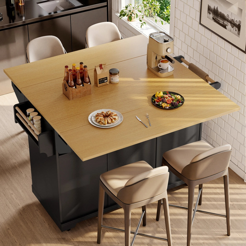 Mobile base da cucina con piano pieghevole su due lati; 3 cassetti; 2 ante; ruote e ripiani regolabili