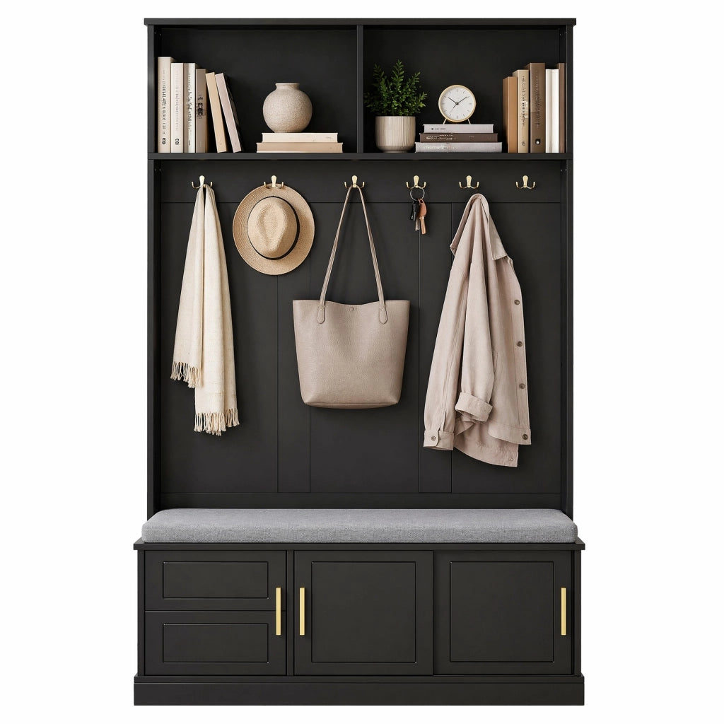 Appendiabiti con panca e scarpiera 120x40x191 cm; 6 ganci; truciolare nero