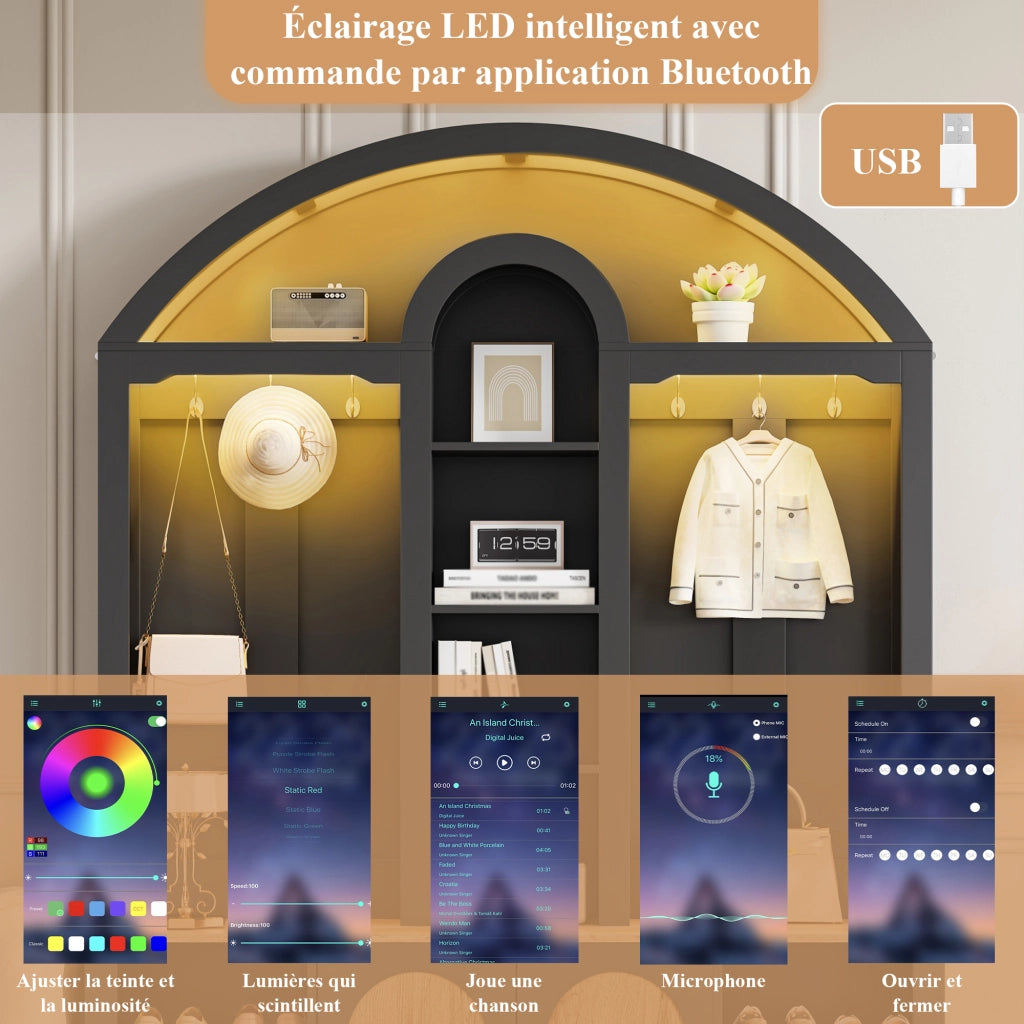 Mobile da ingresso con 2 ante, 3 ripiani aperti e ganci, illuminazione LED per corridoio, in MDF nero, 150 × 40 × 195 cm