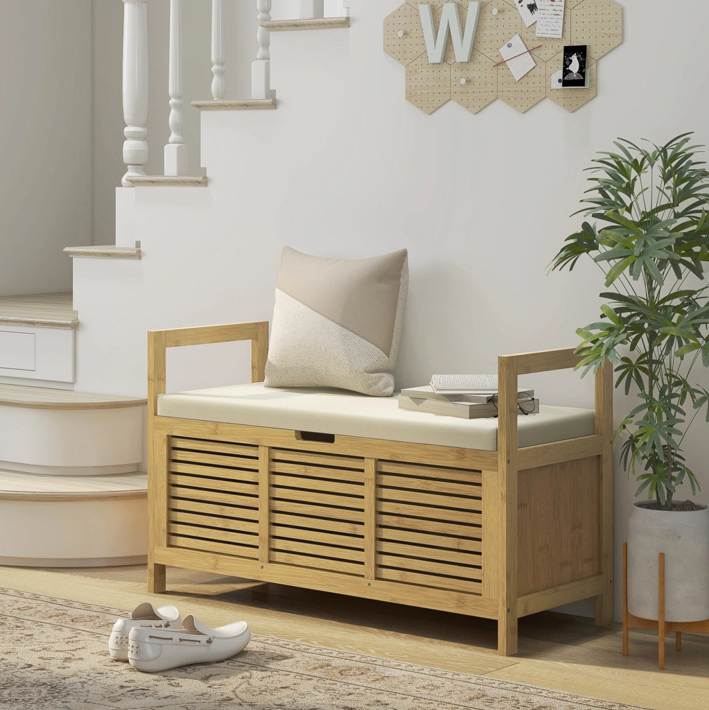Panca porta scarpe in bambù con vano a ribalta e mensola, 100x40x60 cm, per ingresso e corridoio