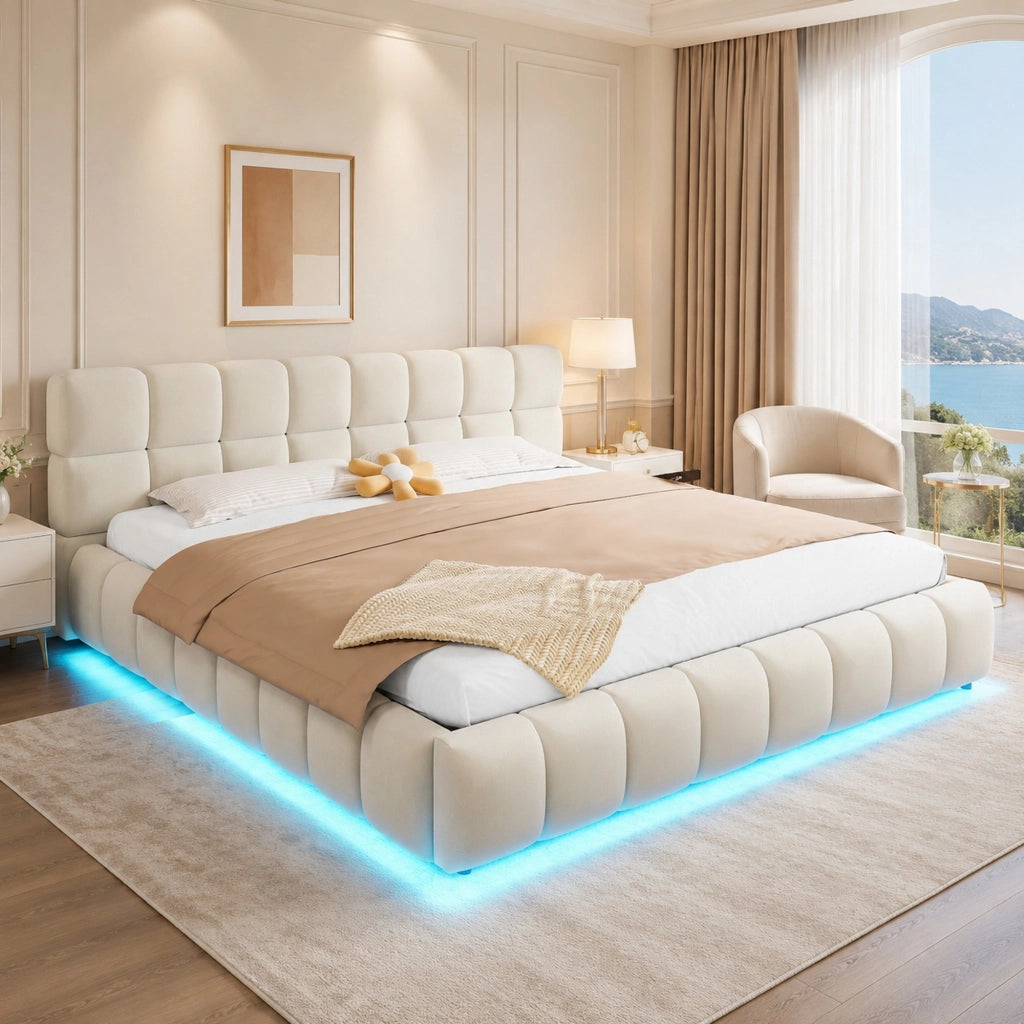 Letto imbottito 180x200 cm beige in velluto con contenitore idraulico e LED