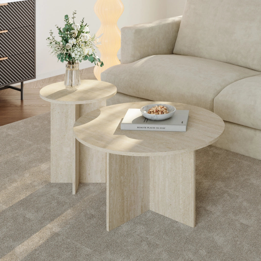 Set di 2 Tavolini Rotondi Verummetka con Basi Incrociate - color Avorio Travertin [en.casa]